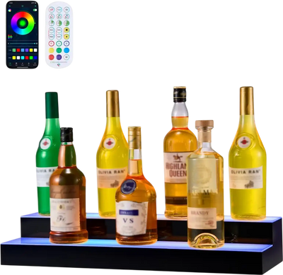 VEVOR LED Lighted Liquor Bottle Display, 2 Tiers 24 inches, Supports USB, Acrylic Illuminated Home Bar Shelf Display with RF Remote & App Control, 9 Static Colors, Timing Mode, for 12-16 Bottles