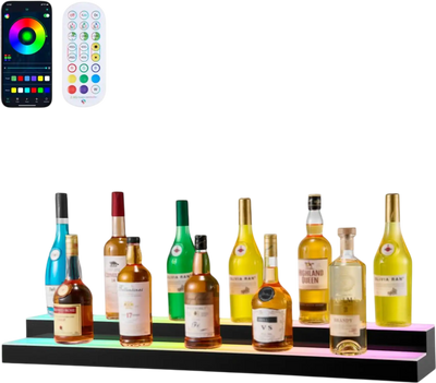 VEVOR LED Lighted Liquor Bottle Display, 2 Tiers 40 inches, Supports USB, Acrylic Illuminated Home Bar Shelf Display with RF Remote & App Control, 9 Static Colors, Timing Mode, for 20-28 Bottles
