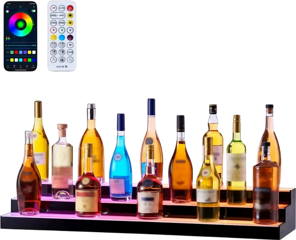 VEVOR LED Lighted Liquor Bottle Display, 3 Tiers 40 inches, Acrylic Illuminated Home Bar Shelf Display with RF Remote & App Control, DIY Setup with Type-C Cables, 9 Static Colors, for 30-39 Bottles