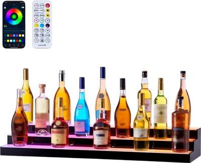 VEVOR LED Lighted Liquor Bottle Display, 3 Tiers 40 inches, Acrylic Illuminated Home Bar Shelf Display with RF Remote & App Control, DIY Setup with Type-C Cables, 9 Static Colors, for 30-39 Bottles