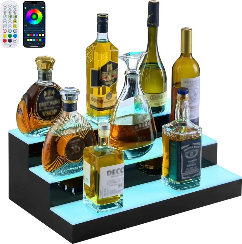 VEVOR LED Lighted Liquor Bottle Display, 3 Tiers 20 Inches Whiskey Rack, Supports USB, Illuminated Home Bar Shelf with RF Remote & App Control, 9 Static Colors, Acrylic Lighted Shelf for 15 Bottles