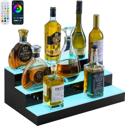 VEVOR LED Lighted Liquor Bottle Display, 3 Tiers 20 Inches Whiskey Rack, Supports USB, Illuminated Home Bar Shelf with RF Remote & App Control, 9 Static Colors, Acrylic Lighted Shelf for 15 Bottles