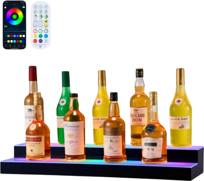VEVOR LED Lighted Liquor Bottle Display, 2 Tiers 30 inches, Supports USB, Acrylic Illuminated Home Bar Shelf Display with RF Remote & App Control, 9 Static Colors, Timing Mode, for 14-20 Bottles
