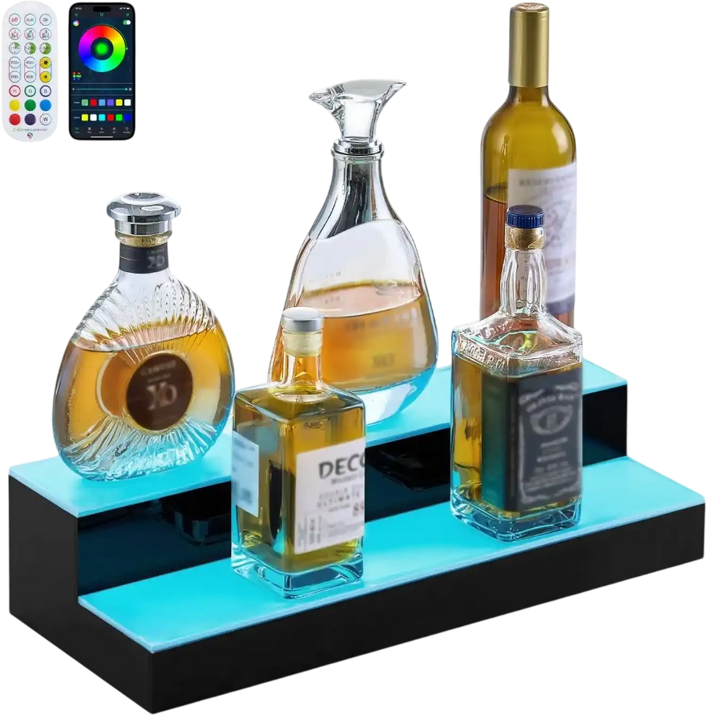 VEVOR LED Lighted Liquor Bottle Display, 2 Tiers 20 Inches Whiskey Rack, Supports USB, Illuminated Home Bar Shelf with RF Remote & App Control, 9 Static Colors, Acrylic Lighted Shelf for 10 Bottles