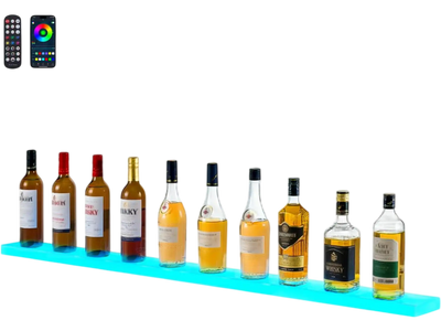 VEVOR LED Lighted Liquor Bottle Display, 1-Tier 60 Inches Whiskey Rack, Supports USB, Illuminated Home Bar Shelf with RF Remote & App Control, 7 Static Colors, Acrylic Lighted Shelf for 15 Bottles