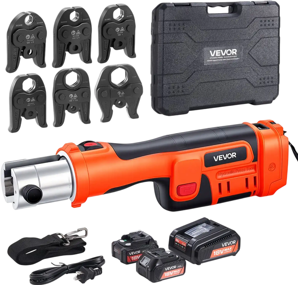 VEVOR Press Tool, 18V Electric Crimping Tool for 1/2", 3/4", 1", 1-1/4", 1-1/2", 2" Copper Pipes, 32KN Press Tool Compatible with ProPress - with 6 VUS Jaws, 2PCS 4AH Batteries, Charger & Toolbox