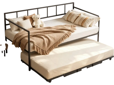 VEVOR Twin Daybed with Pop Up Trundle Metal Twin Day Bed Frame Pull Out, for Living Room Bedroom Guest Room, Space Saving, Heavy-Duty Metal Sofa Bed Support, Lockable Casters, Easy Assembly, Black