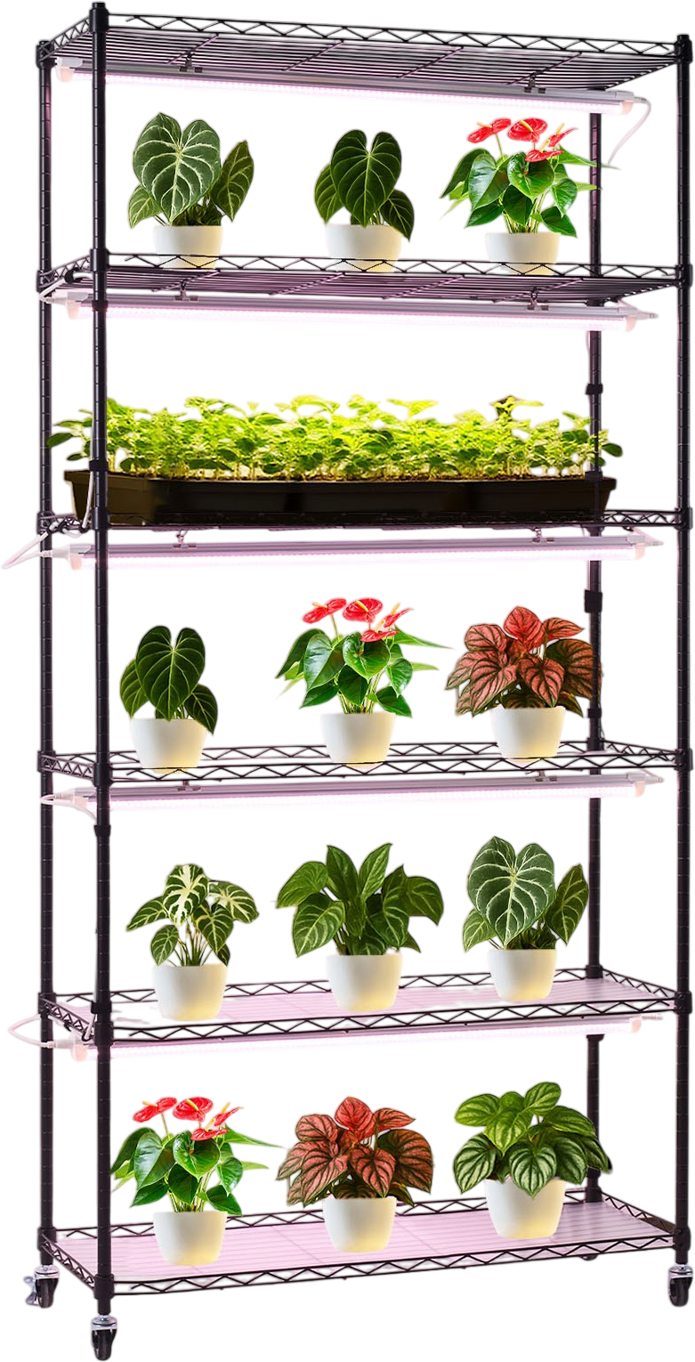 VEVOR Plant Shelf with Grow Light, 6-Tier Indoor Plant Stand, 71in Tall Indoor Plants Display Rack with Wheels & Timer, 150W 3800K Full Spectrum Grow Lights, Metal Flower Pot Holder for Seed Starting