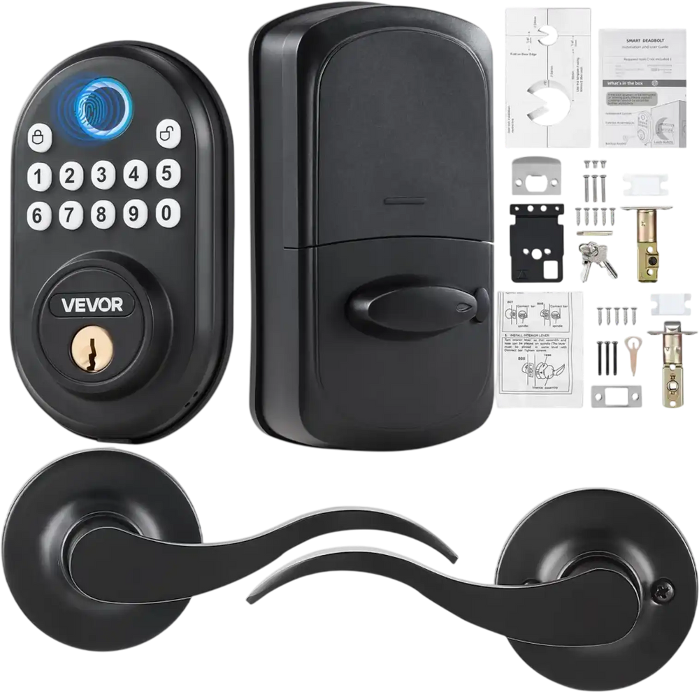 VEVOR Fingerprint Door Lock with Level Handles, Fingerprint/Keypad Code/Key, One-Time and Anti-Peeking Password, Constant Unlock Mode, Aluminum Alloy, Electronic Keypad Deadbolt for Entry Doors