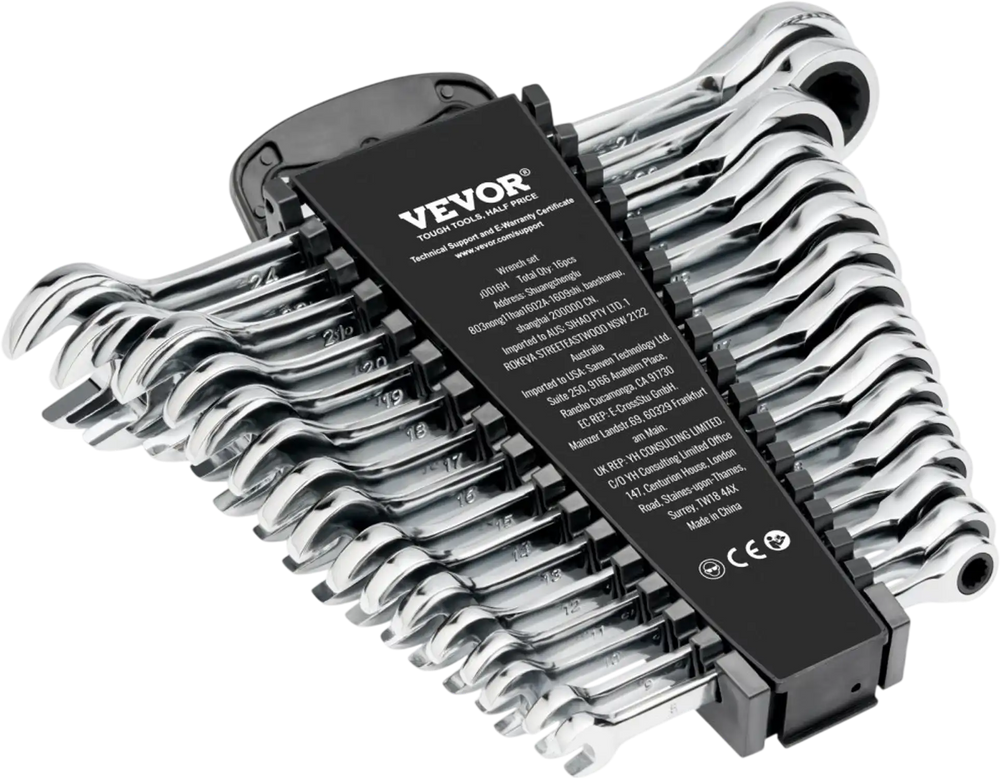 VEVOR Combination Wrench Set, 16-Piece Ratcheting Wrench Set with Organizer Rack, Cr-V Steel Wrench Set Metric 8 mm to 24 mm, Ideal for General Household, Garage, Workshop, Auto Repairs, Emergency