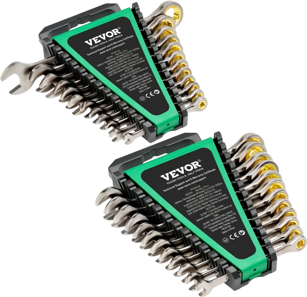 VEVOR Combination Wrench Set, 24-Piece Ratcheting Wrench Set with Organizer Rack, Cr-V Steel Wrench Set SAE 1/4" to 7/8", Metric 8 mm to 19 mm, Ideal for General Household, Auto Repairs, Emergency