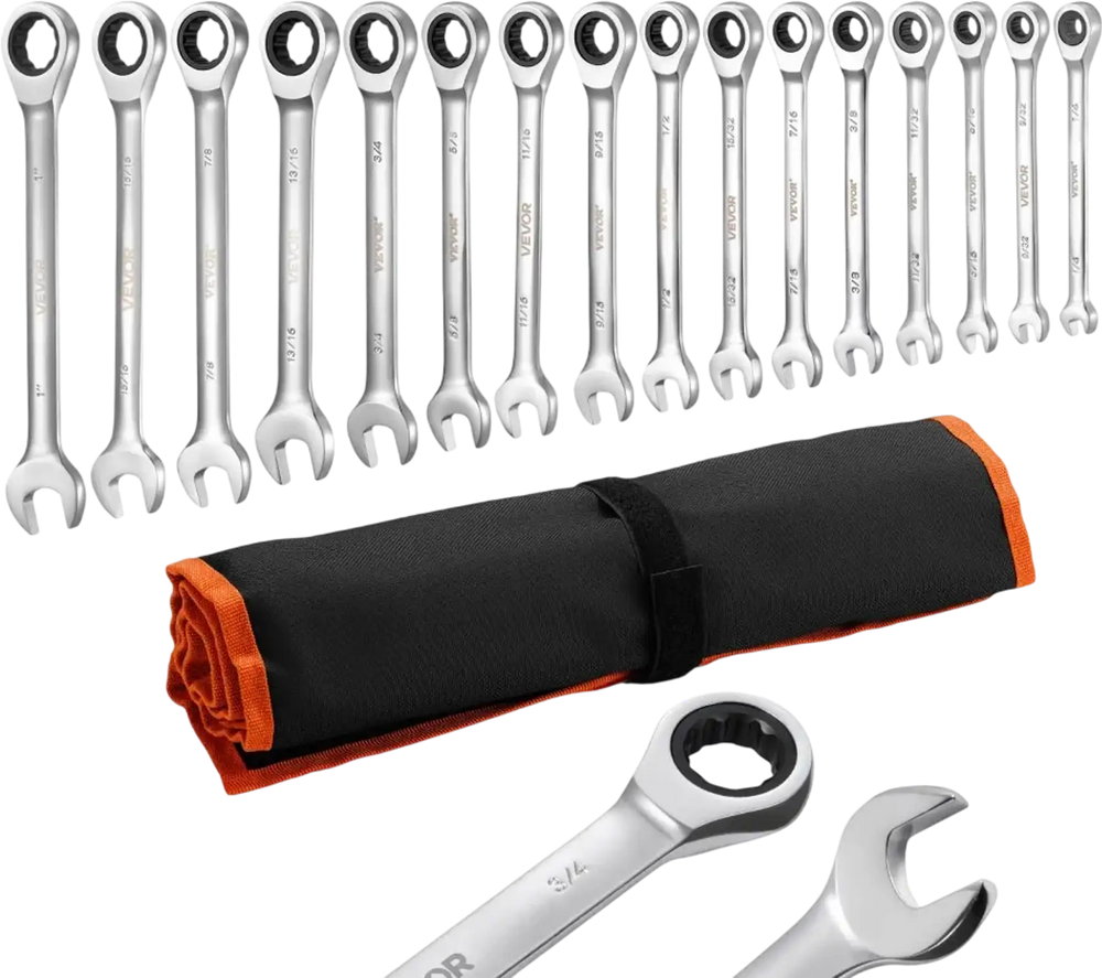 VEVOR Combination Wrench Set, 16-Piece SAE Sizes, 72 Teeth, Cr-V Steel Ratcheting Wrench Set, with Roll Up Pouch, Open End, Clear Size Labels, for General Household and Automotive Repairs, Silver