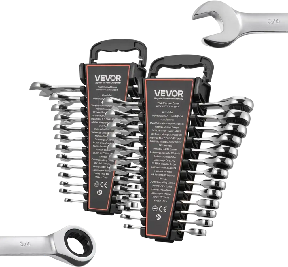 VEVOR Combination Wrench Set, 26-Piece SAE and Metric, 72 Teeth, Cr-V Steel Ratcheting Wrench Set, with Rack Organizer, Open End, Clear Size Labels, for General Household, Automotive Repairs, Silver
