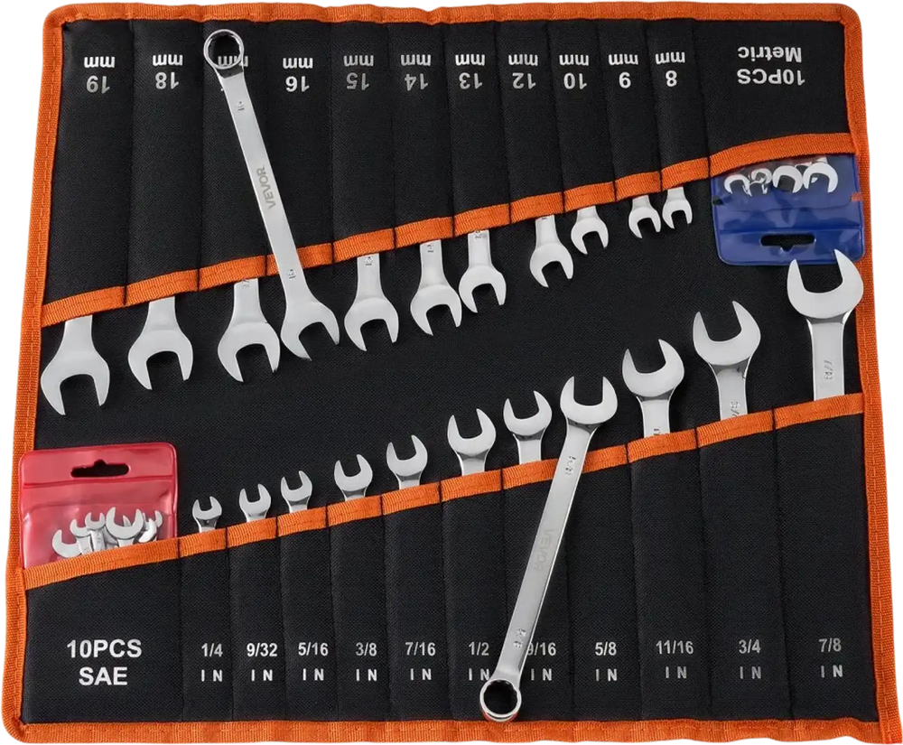 VEVOR Combination Wrench Set, 42-Piece SAE and Metric, 12-Point Box End and 15° Angled Open End Combination Wrenches with Roll Up Pouch, Carbon Steel, for General Household and Automotive Repairs
