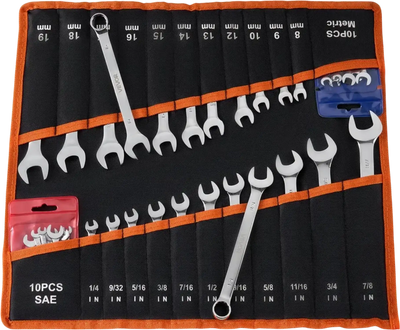 VEVOR Combination Wrench Set, 42-Piece SAE and Metric, 12-Point Box End and 15° Angled Open End Combination Wrenches with Roll Up Pouch, Carbon Steel, for General Household and Automotive Repairs