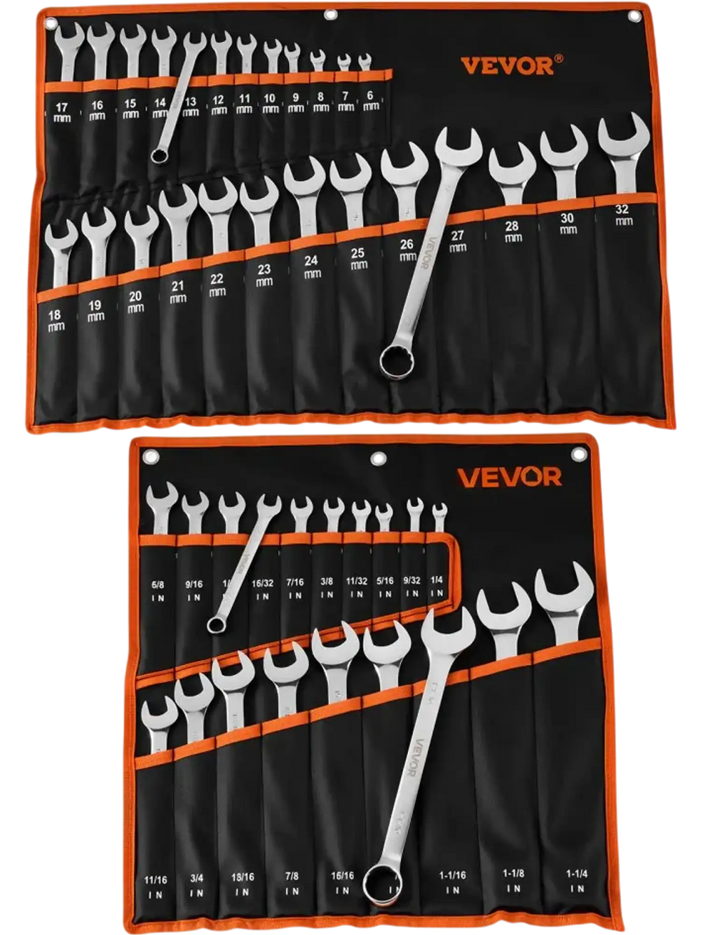 VEVOR Combination Wrench Set, 44-Piece SAE and Metric, 12-Point Box End and 15° Angled Open End Combination Wrenches with Roll Up Pouch, Carbon Steel, for General Household and Automotive Repairs