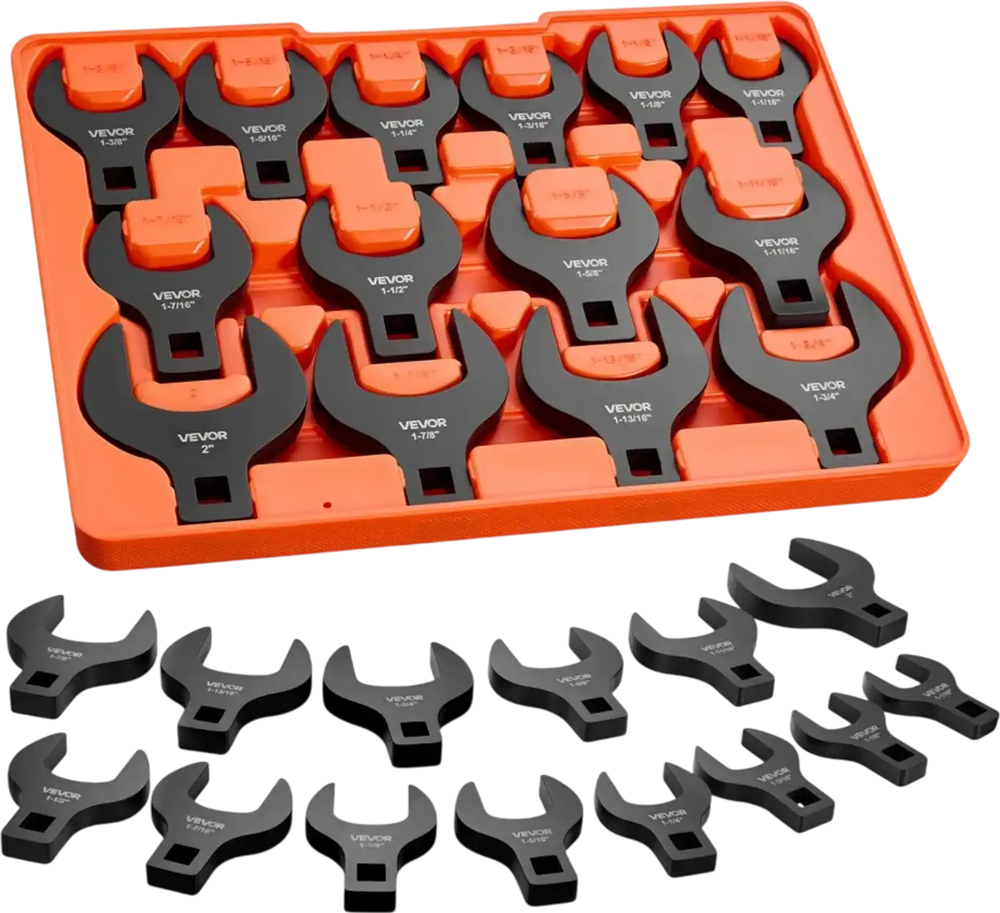 VEVOR Crowfoot Wrench Set, 1/2" Drive, 14-Piece SAE 1-1/16" to 2" Crows Foot Wrenches, with Storage Tray, Dual Size Markings on Tools and Tray, for Auto Maintenance or Repairs
