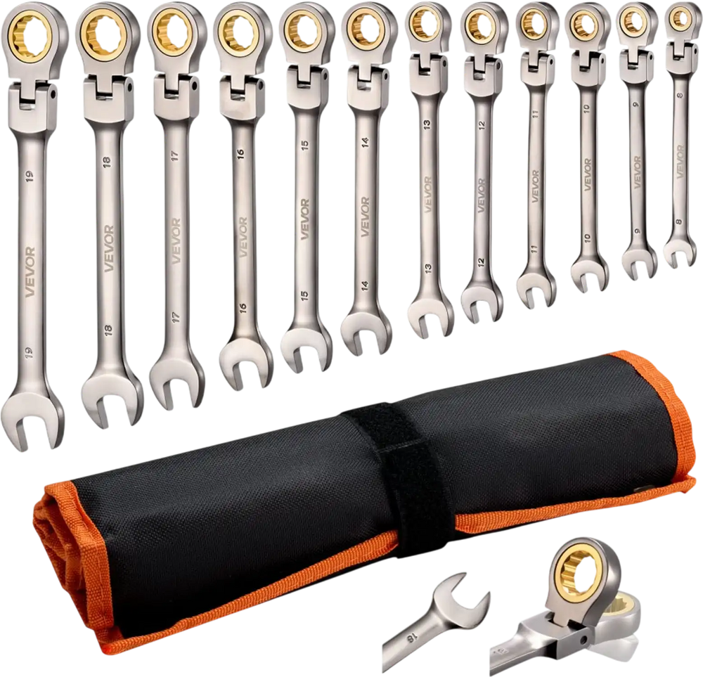 VEVOR Flex-Head Ratcheting Wrench Set, 12-Piece Metric 8 mm to 19 mm, 72 Teeth, Cr-V Steel Ratchet Flexible Combination Wrench Set with Roll Up Pouch, for General Household and Automotive Repairs