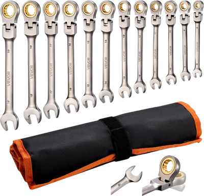 VEVOR Flex-Head Ratcheting Wrench Set, 12-Piece Metric 8 mm to 19 mm, 72 Teeth, Cr-V Steel Ratchet Flexible Combination Wrench Set with Roll Up Pouch, for General Household and Automotive Repairs