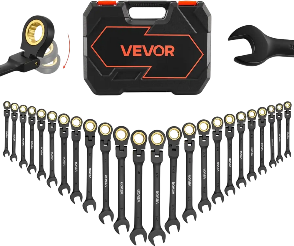 VEVOR Flex-Head Ratcheting Wrench Set, 24-Piece SAE and Metric, 72 Teeth, Cr-V Steel Ratchet Flexible Combination Wrench Set with Storage Case, for General Household and Automotive Repairs, Black