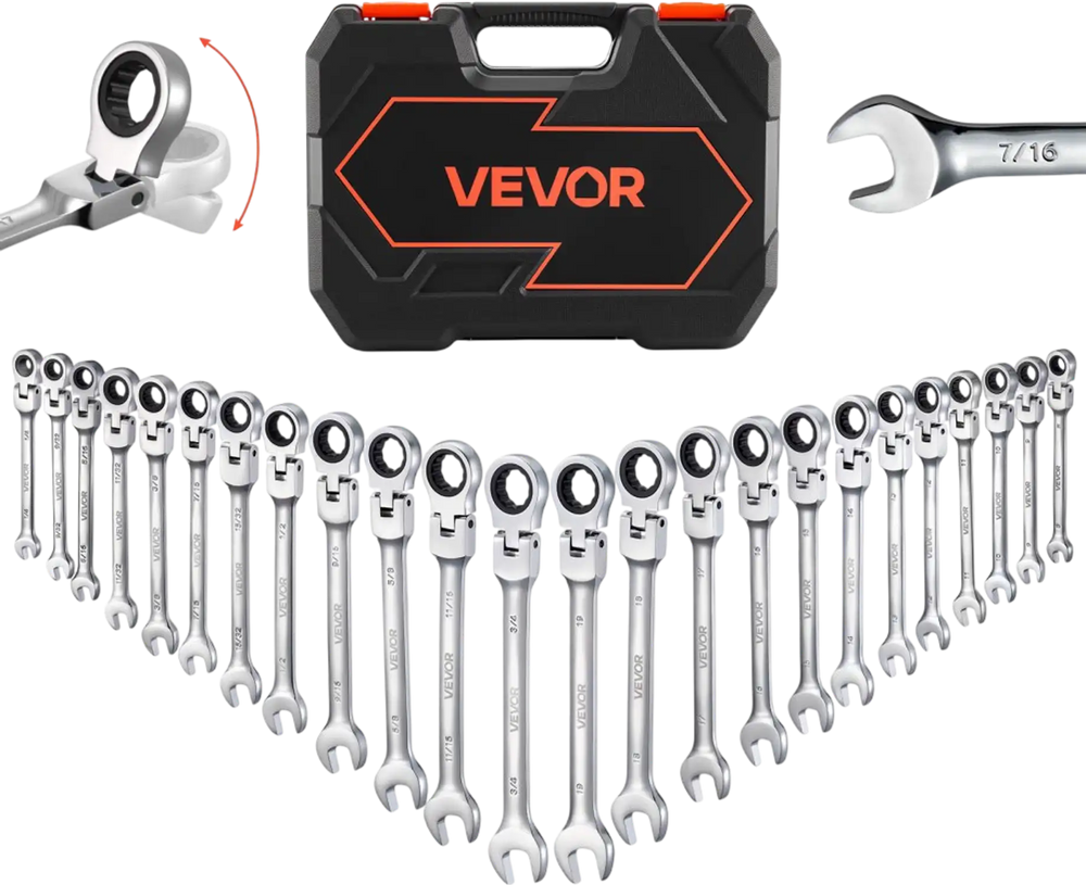 VEVOR Flex-Head Ratcheting Wrench Set, 24-Piece SAE and Metric, 72 Teeth, Cr-V Steel Ratchet Flexible Combination Wrench Set with Storage Case, for General Household and Automotive Repairs, Silver