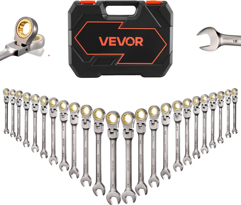 VEVOR Flex-Head Ratcheting Wrench Set, 24-Piece SAE and Metric, 72 Teeth, Cr-V Steel Ratchet Flexible Combination Wrench Set with Storage Case, for General Household, Automotive Repairs, Gray Nickel