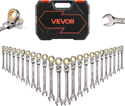 VEVOR Flex-Head Ratcheting Wrench Set, 24-Piece SAE and Metric, 72 Teeth, Cr-V Steel Ratchet Flexible Combination Wrench Set with Storage Case, for General Household, Automotive Repairs, Gray Nickel