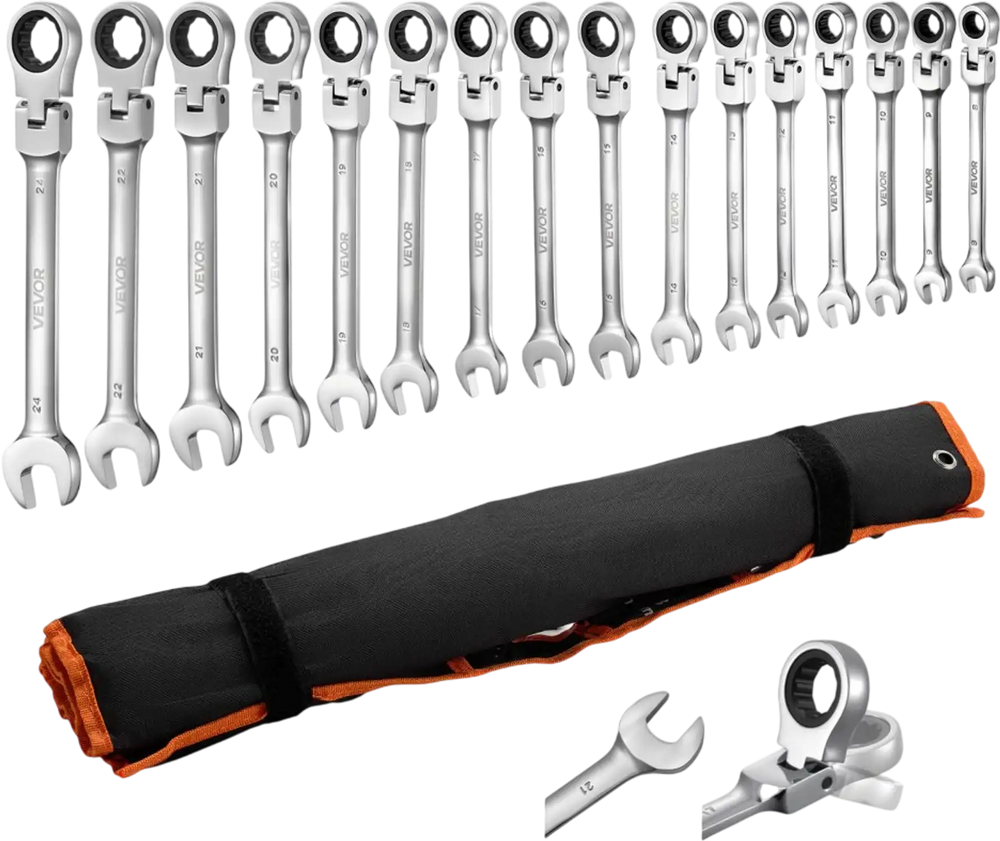 VEVOR Flex-Head Ratcheting Wrench Set, 30-Piece SAE and Metric, 72 Teeth, Cr-V Steel Ratchet Flexible Combination Wrench Set with Roll Up Pouch, for General Household and Automotive Repairs, Silver