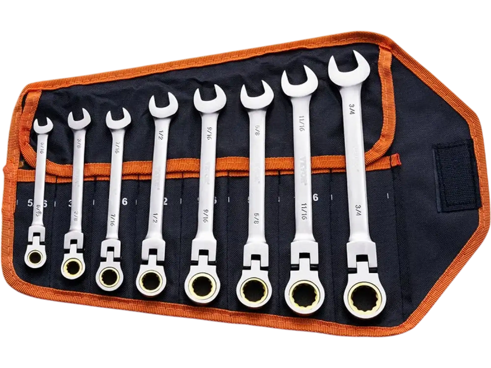 VEVOR Flex-Head Ratcheting Wrench Set, 8-piece Combination Wrench Set with Roll-up Pouch, Cr-V Steel Flexible Ratcheting Wrench Set SAE 5/16" to 3/4", Ideal for General Household, Workshop, Garage