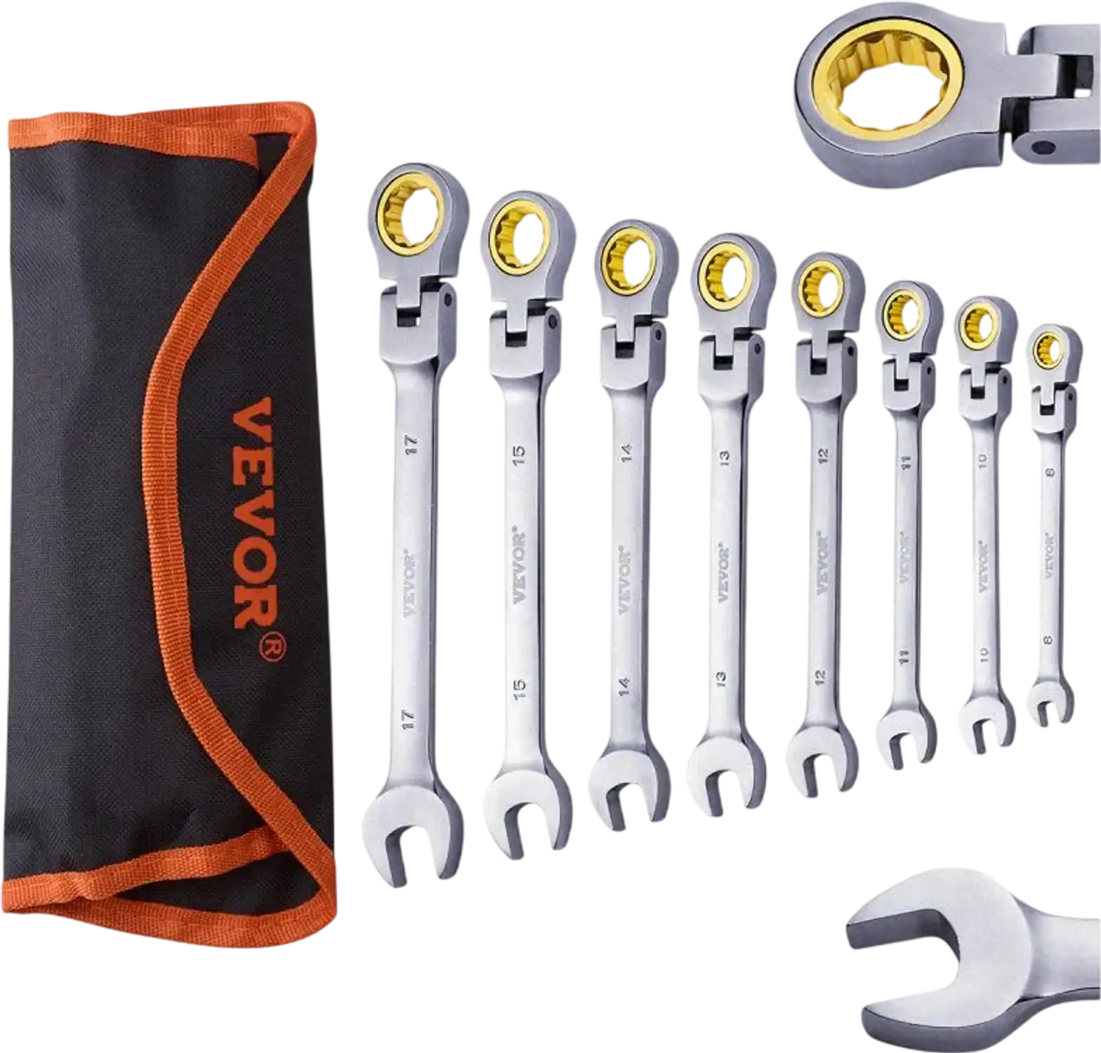 Vevor Wrench Set Flex-Head Ratcheting 8-Piece Metric 8 mm-17 mm with Roll-Up Pouch New
