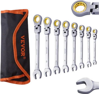 VEVOR Flex-Head Ratcheting Wrench Set, 8-piece Combination Wrench Set with Roll-up Pouch, Cr-V Steel Flexible Ratcheting Wrench Set Metric 8 mm to 17 mm, Ideal for General Household, Auto Repairs
