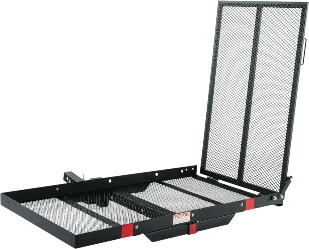 VEVOR Hitch Mount Cargo Carrier, 45.3" x 25.6" Iron Hitch Cargo Rack with Folding Ramp, Hitch Rack Basket with Stabilizer and Straps, 500LBS Mobility Scooter Carrier Fit 2" Hitch Receiver
