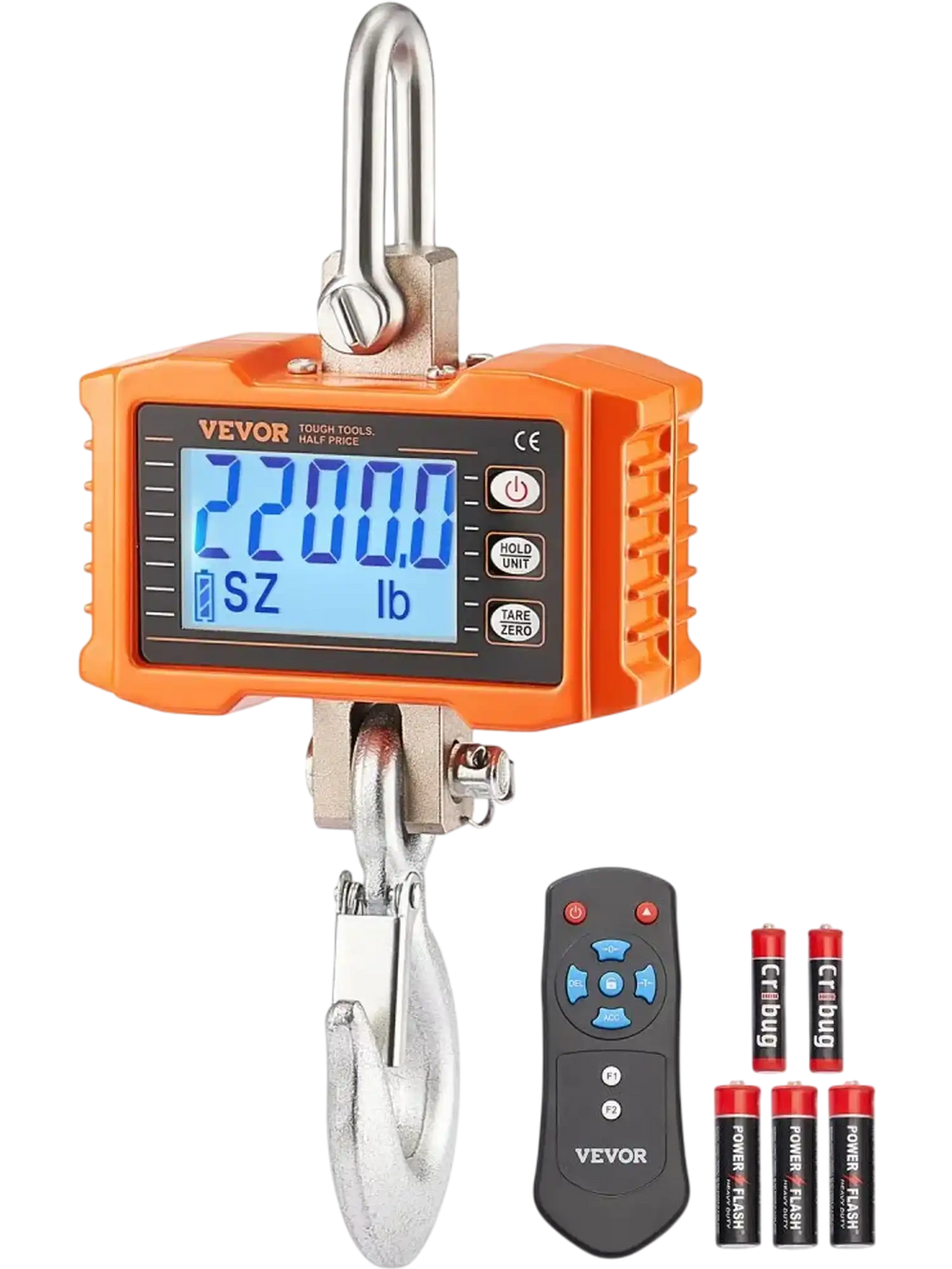 VEVOR Digital Crane Scale, 2200 lbs/1000 kg, Industrial Heavy Duty Hanging Scale with Remote Control, Cast Aluminum Case & LCD Screen, High Precision for Construction, Factory, Farm, Hunting (Orange)