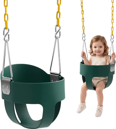 VEVOR Toddler Swing 300 lbs High Back Full Bucket Baby Swing Seat Green, for Outdoor & Indoor Backyard Playground, Heavy-Duty Coated Chains and Carabiners, Fully Assembled Seat for Toddlers Age 3+