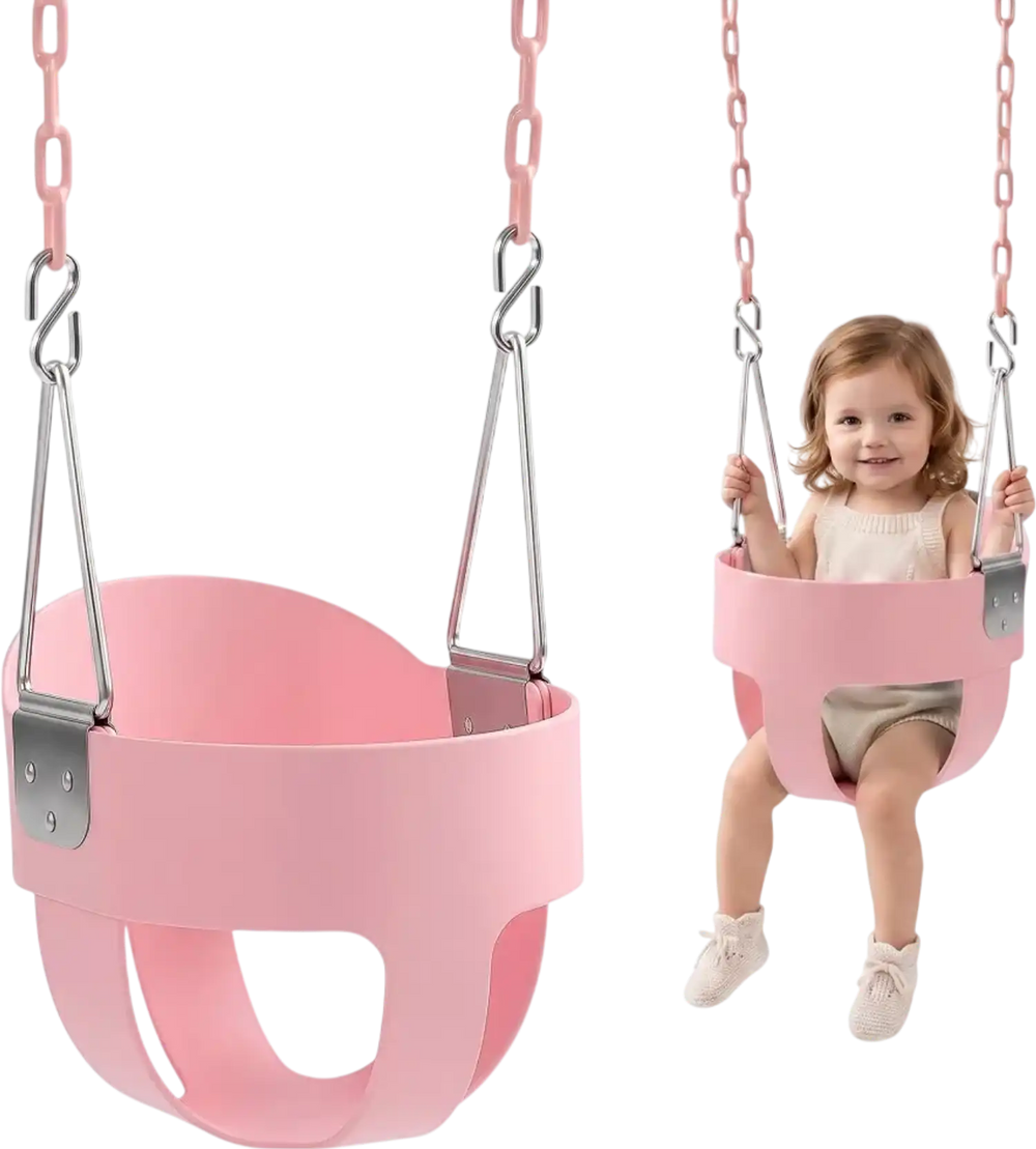 VEVOR Toddler Swing 300 lbs High Back Full Bucket Baby Swing Seat Pink, for Outdoor & Indoor Backyard Playground, Heavy-Duty Coated Chains and Carabiners, Fully Assembled Seat for Toddlers Age 3+