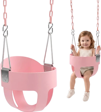 VEVOR Toddler Swing 300 lbs High Back Full Bucket Baby Swing Seat Pink, for Outdoor & Indoor Backyard Playground, Heavy-Duty Coated Chains and Carabiners, Fully Assembled Seat for Toddlers Age 3+