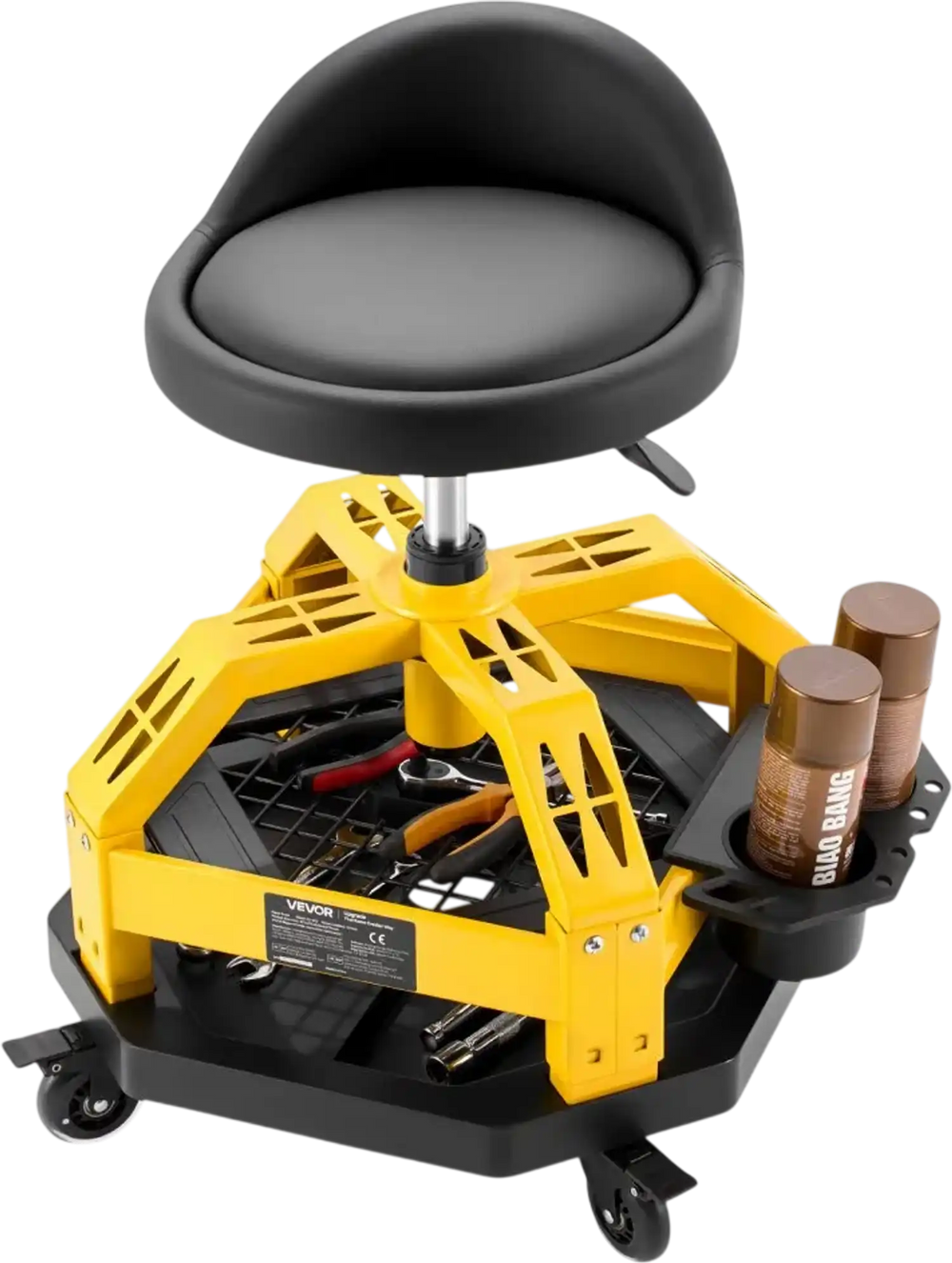 VEVOR Rolling Shop Stool with Wheels, 19.7"-25.6" Adjustable Height, 360° Swivel, 330 lbs Capacity, Garage Work Mechanic Stool with Backrest, Tool Tray Storage, Padded Seat Shop Chair, Black/Yellow