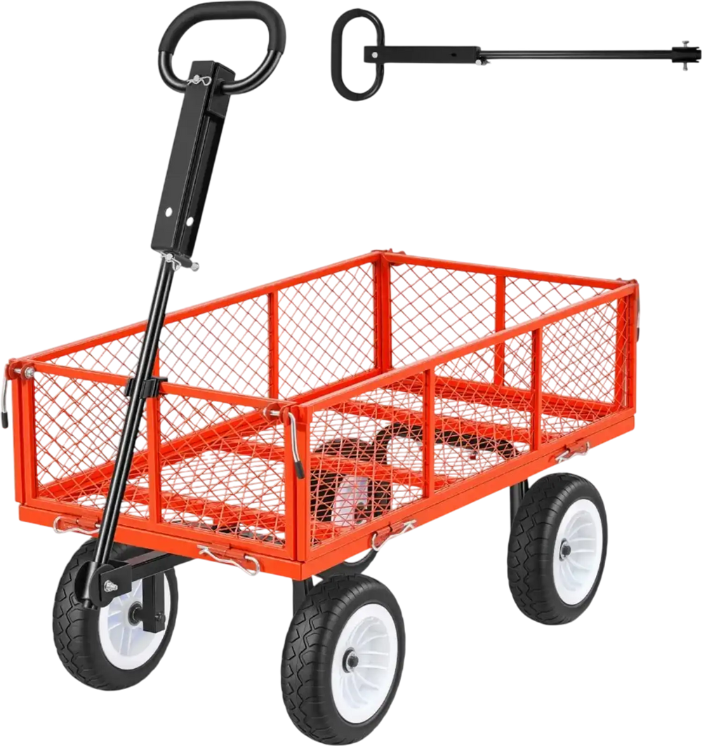 VEVOR Garden Cart, 900 LBS, Heavy Duty Steel Yard and Garden Utility Wagon with 10-Inch Tires, Outdoor Gardening Stool with Adjustable Handle, Detachable Side Panels, Attach to ATV or Tractor, Red