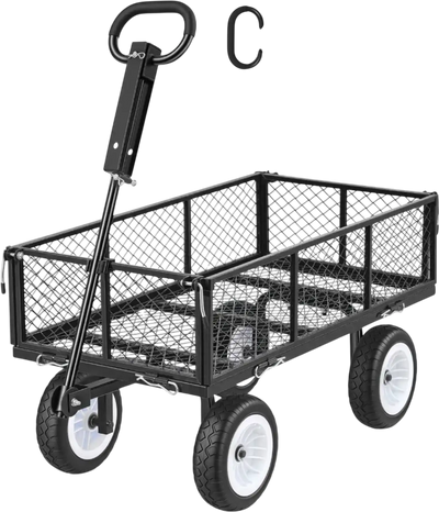 VEVOR Garden Cart, 900 LBS, Heavy Duty Steel Yard and Garden Utility Wagon with 10-Inch Tires, Outdoor Gardening Stool with Adjustable Handle, Detachable Side Panels, Attach to ATV or Tractor, Black