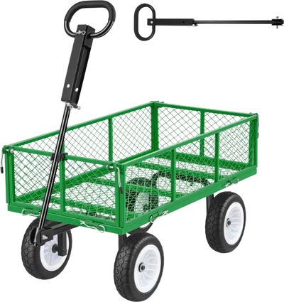 VEVOR Garden Cart, 900 LBS, Heavy Duty Steel Yard and Garden Utility Wagon with 10-Inch Tires, Outdoor Gardening Stool with Adjustable Handle, Detachable Side Panels, Attach to ATV or Tractor, Green