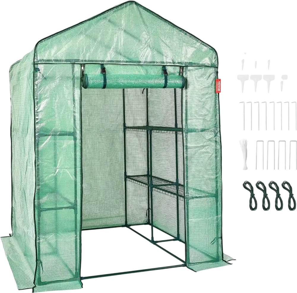 VEVOR Walk-in Green House, 4.6 x 4.6 x 6.6 ft , Greenhouse with Shelves, High Strength PE Cover with Zipper Door and Steel Frame, Assembly in Minutes, Suitable for Planting and Storage