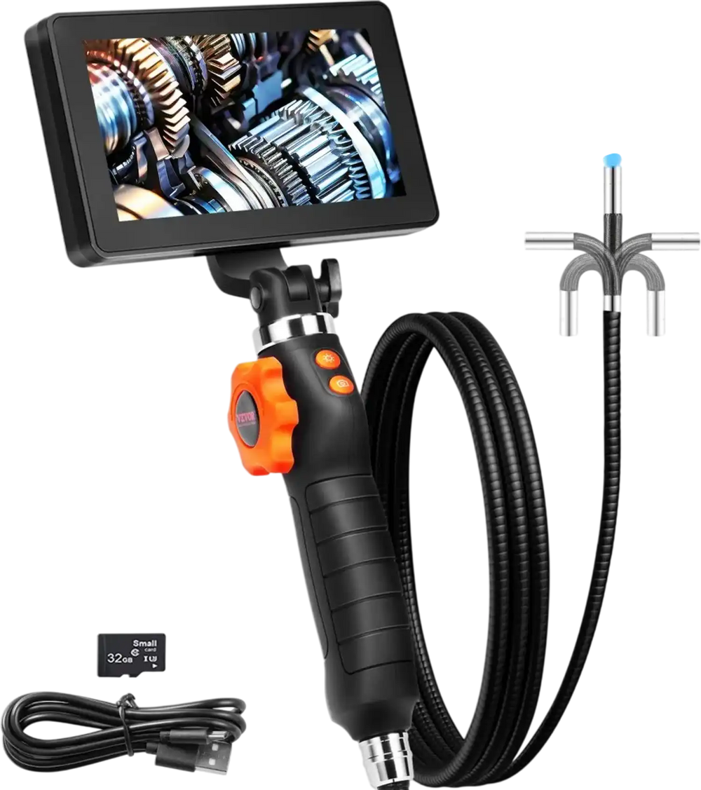 VEVOR Two-Way Articulating Borescope with Light, Inspection Camera with 0.25" Lens, 5" IPS HD Screen, Flexible Mechanic Fiber Optic Snake Scope Cam for Wall Automotive Engine Inspect-4.9FT