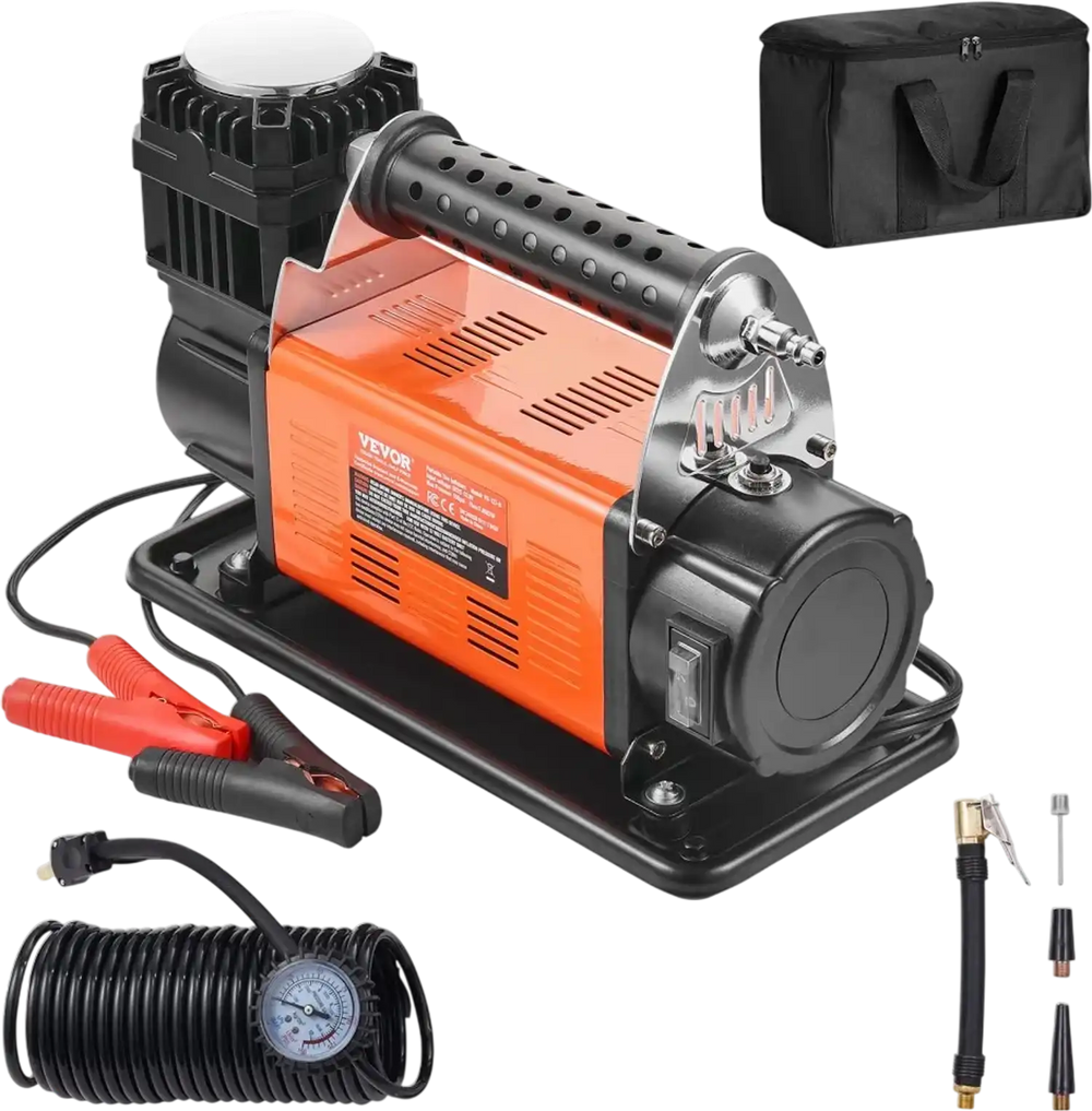 VEVOR 12V Portable Tire Inflator, 7.06CFM Heavy Duty Air Compressor, 150PSI Offroad Air Pump with Adapters for Car SUV RV Truck - Include 6.5FT Power Cord, 26FT Air Hose with Pressure Gauge, Carry Bag