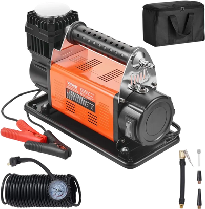 VEVOR 12V Portable Tire Inflator, 7.06CFM Heavy Duty Air Compressor, 150PSI Offroad Air Pump with Adapters for Car SUV RV Truck - Include 6.5FT Power Cord, 26FT Air Hose with Pressure Gauge, Carry Bag