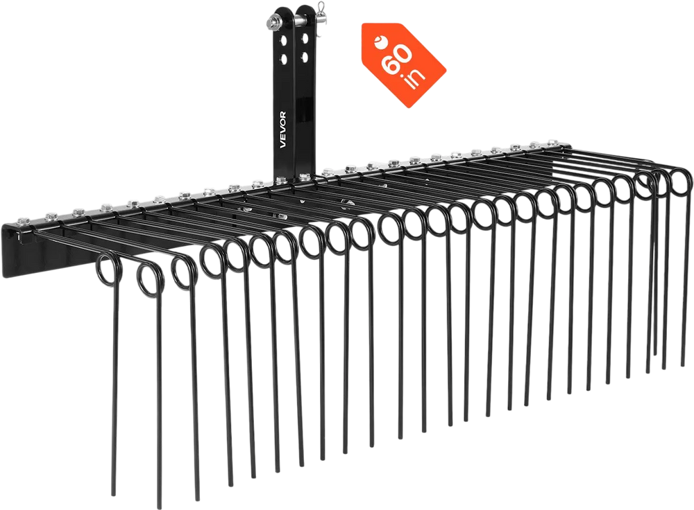 VEVOR 60 in Tow Behind Landscape Rake, 3 Point Hitch Lawn Dethatcher Rake, 26 Spring Steel Tines, for Category 1 Tractors, Heavy Duty & Rust-Resistant Rakes Tractor Attachments for Leaves Pine Needles