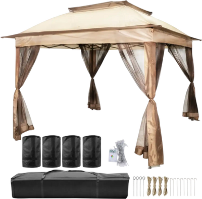VEVOR Outdoor Canopy Gazebo Tent, Portable Canopy Shelter with 11'x11' Large Shade Space for Party, Backyard, Patio Lawn and Garden, 4 Sandbags, Carrying Bag and Netting Included, Brown