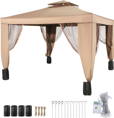 Vevor Gazebo Canopy Tent 10' x 10' Outdoor Shelter with Netting Brown New