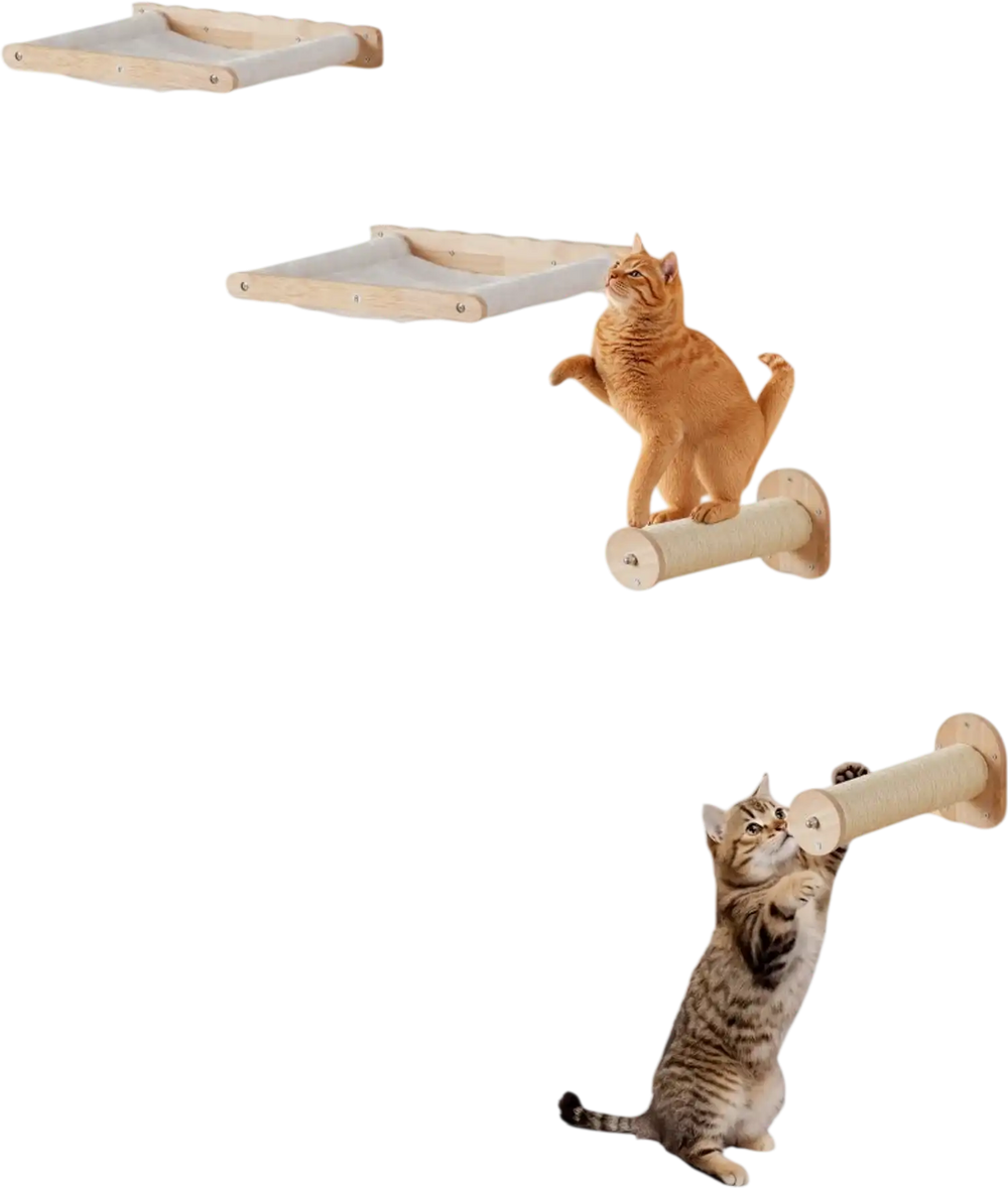 VEVOR Wall Mounted Cat Shelves, Cat Wall Shelves and Perches with Jumping Posts & Hammocks, Cat Furniture Set up to 40 lbs, Removable & Washable Coral Fleece for Sleeping, Playing, Climbing, Set of 4