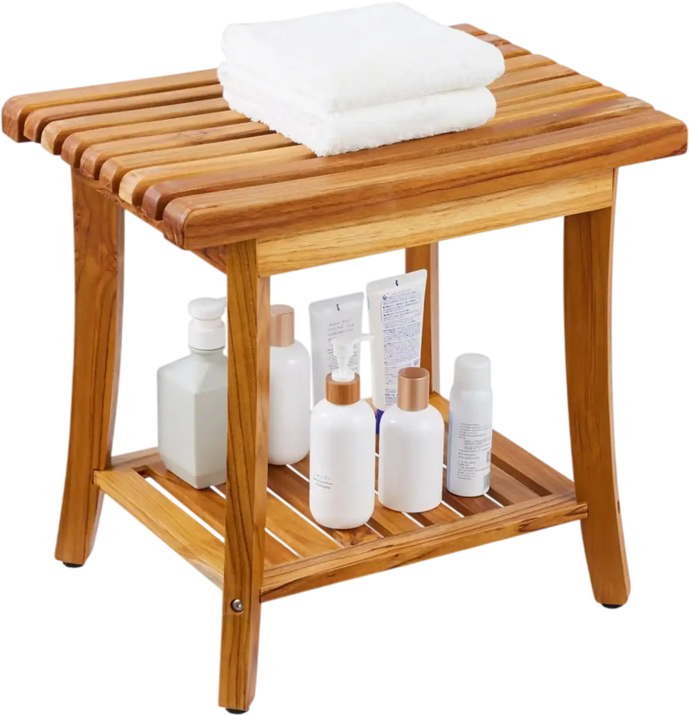 VEVOR Teak Shower Bench, 20 x 14.3 x 17.9 in, Waterproof Wood Shower Stool with Storage Shelf Non-Slip Foot Pads, 400 lbs Maximum Load Capacity Shower Chair Seat, for Bathroom Indoor and Outdoor Use