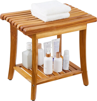 VEVOR Teak Shower Bench, 20 x 14.3 x 17.9 in, Waterproof Wood Shower Stool with Storage Shelf Non-Slip Foot Pads, 400 lbs Maximum Load Capacity Shower Chair Seat, for Bathroom Indoor and Outdoor Use